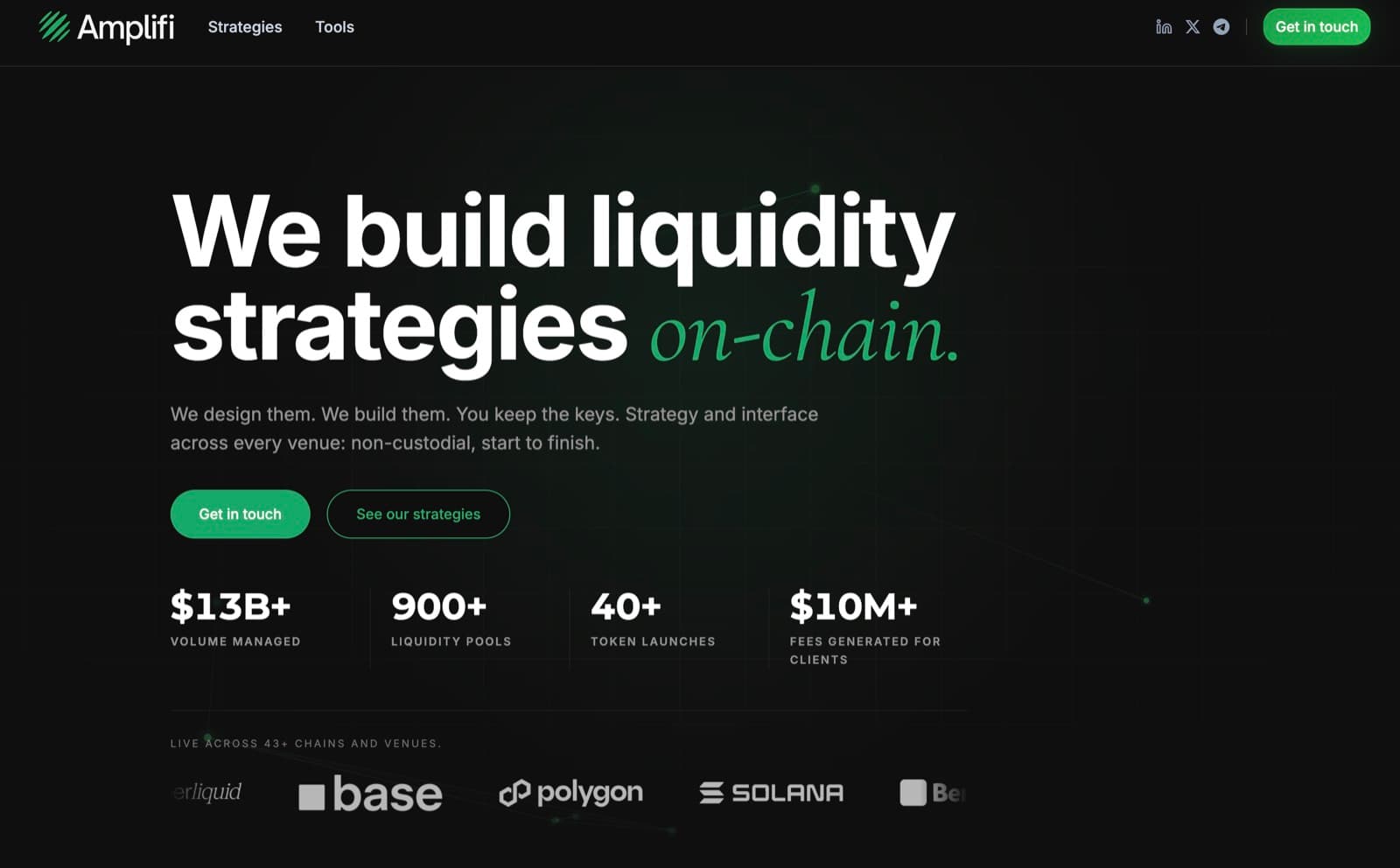 Amplifi landing page — 'We build liquidity strategies on-chain' headline over volume, integrations, and TVL stats