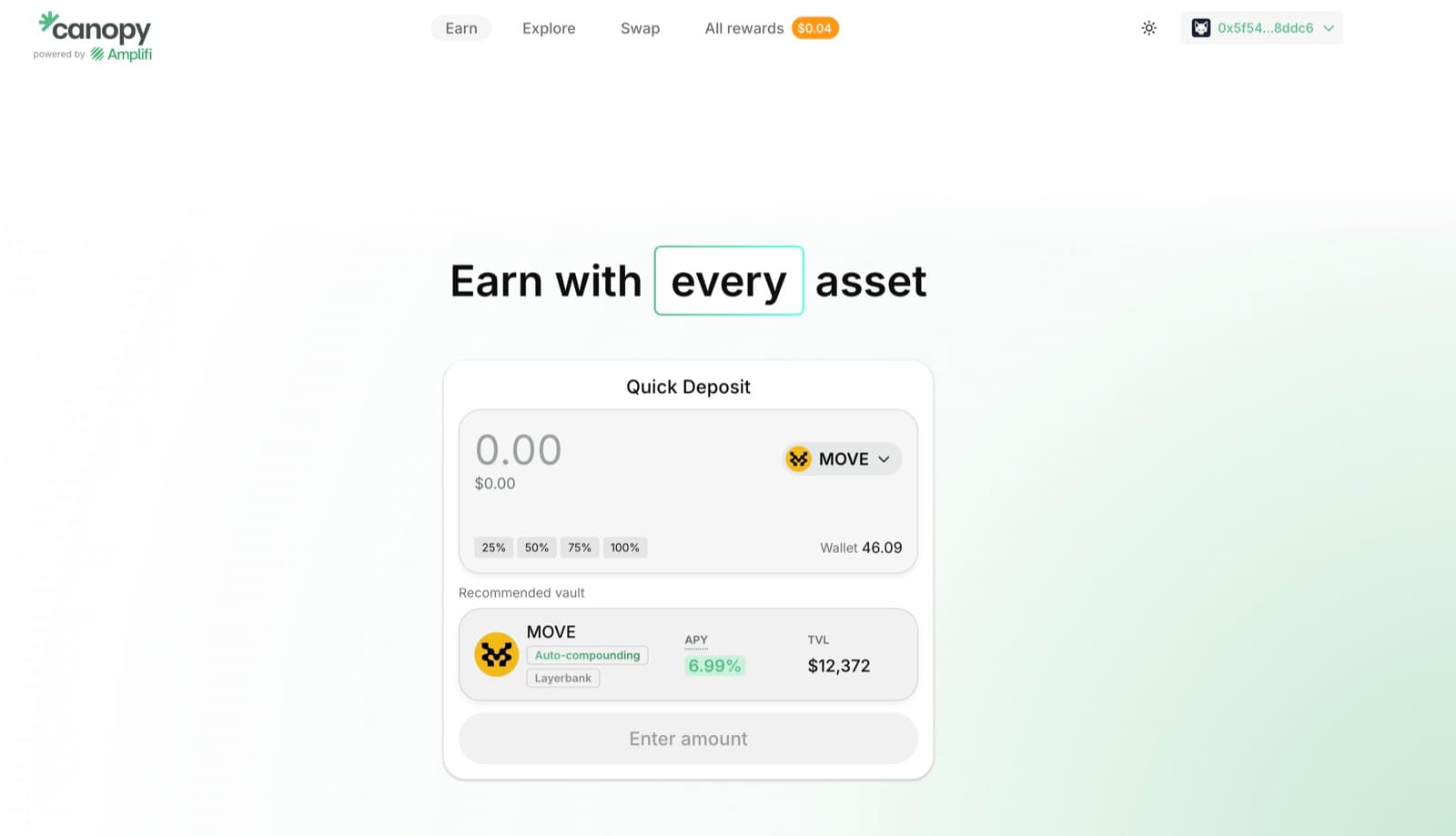 Canopy earn page — vault list with APRs and deposit actions for the Movement ecosystem