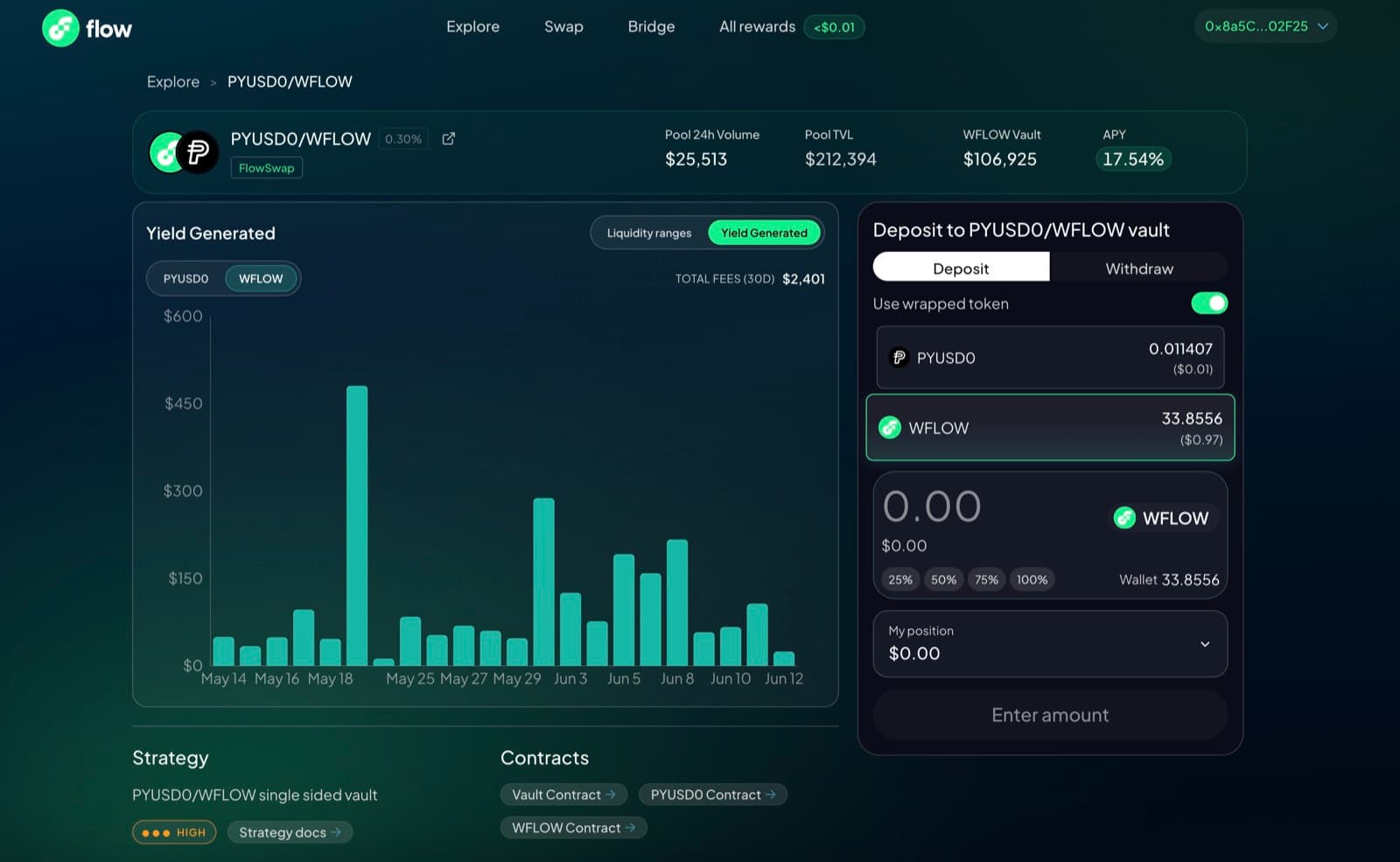 Flow liquidity interface — deposit panel beside a strategy performance chart