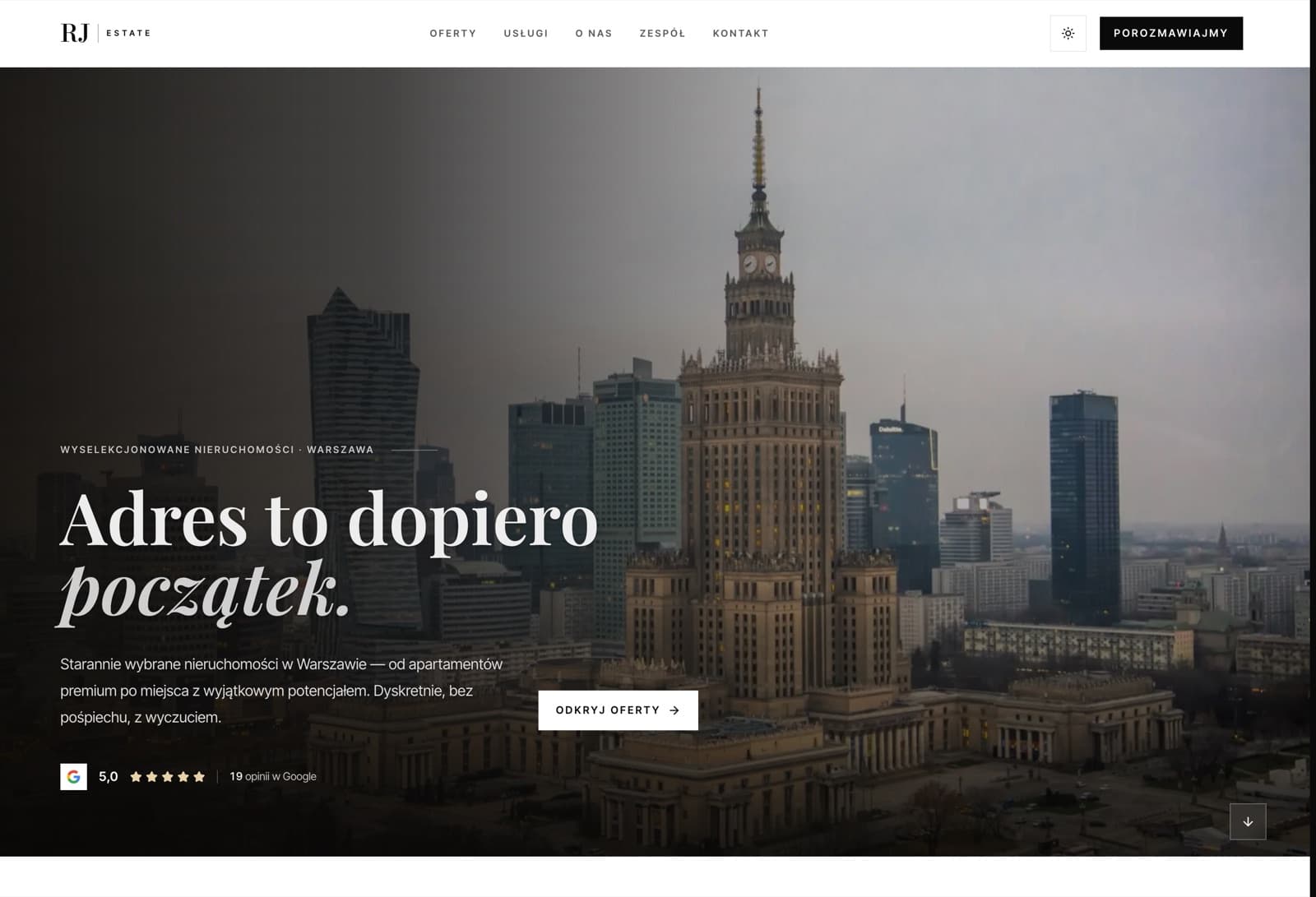 RJ Estate landing page — Warsaw skyline hero with serif headline